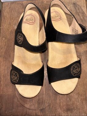 Dansko Black Two-Strap Embroidered Leather Sandals